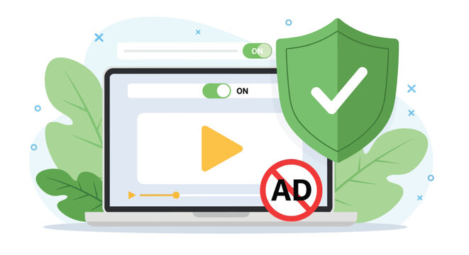 Ad block protection software concept on computer screen with green shield icon and checkmark symbol preventing annoying advertisements and web threats online.