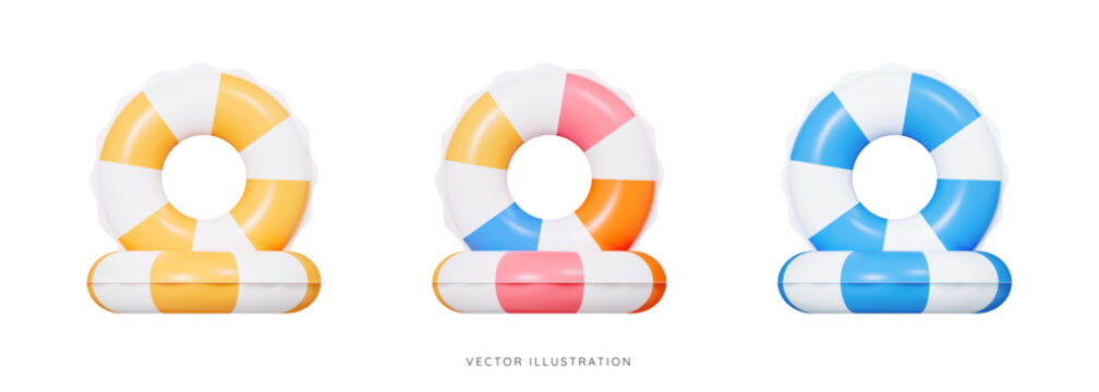 3D Inflatable swimming rings set icon. Rubber pool toy. Swim lifesaver. Summer time object. Travel and vacation. Cartoon design icon isolated on white background. 3D Vector illustration