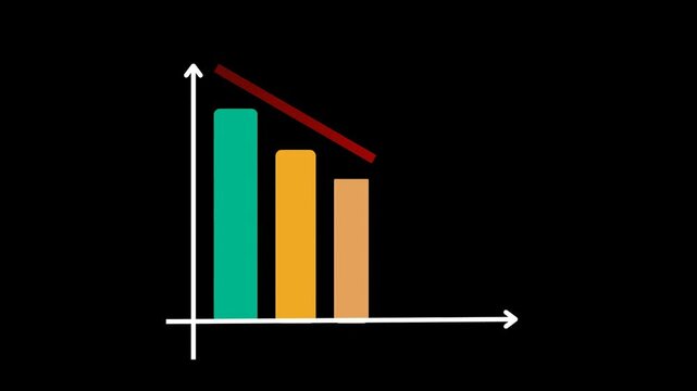 Motion graphics of a colorful descending bar graph with a sharp red arrow pointing down, symbolizing decrease, loss, negative growth, inflation, or economic decline. Clean minimalist animation isolate