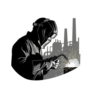 Industrial welder in protective gear using a welding torch vector against a factory landscape monochromatic graphic illustration