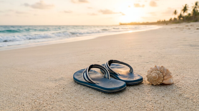 Pair of flipflops and a seashell on a sandy beach at sunset