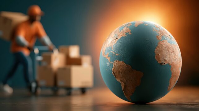 Global Delivery Service: A delivery person pushes a cart loaded with packages, with a globe in the foreground, symbolizing worldwide shipping and logistics.