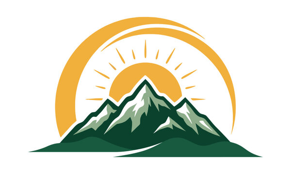 Mountain landscape vector illustration with sun and mountains in circular design.