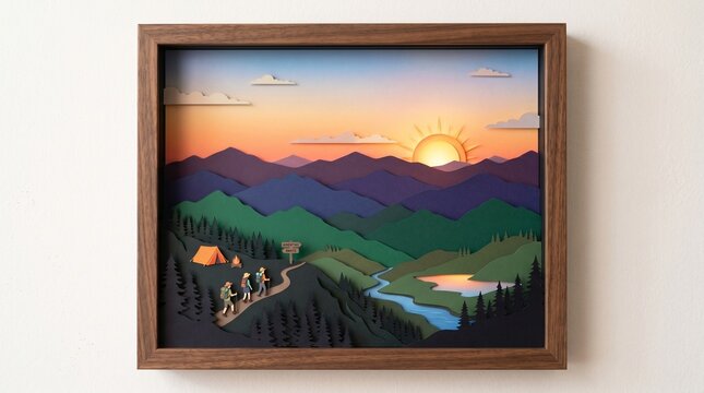 Layered paper craft art of hikers camping in a mountain landscape