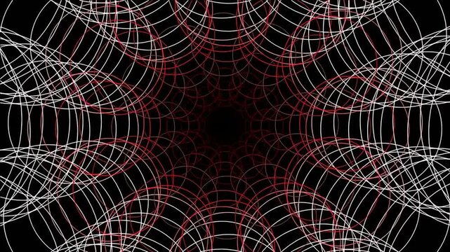 Abstract geometric pattern with red and white interwoven lines on black background