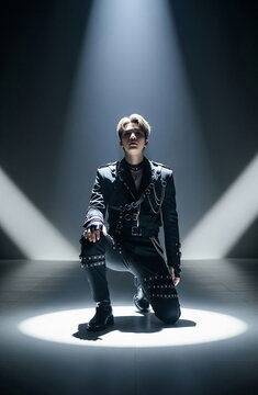 스포트라이트 아래 무릎 꿇은 남자 공연자 &middot; Male Performer Kneeling Under Dramatic Spotlights