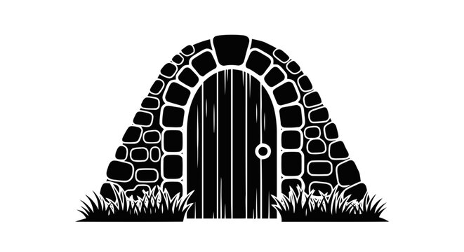 Vector illustration of stone arch door of a hobbit house or fantasy underground dwelling on a transparent background