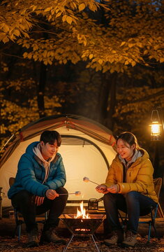 가을밤 텐트 앞 모닥불에서 대화하는 두 남자 &middot; Two Men Talking by Campfire in Front of Tent on Autumn Night