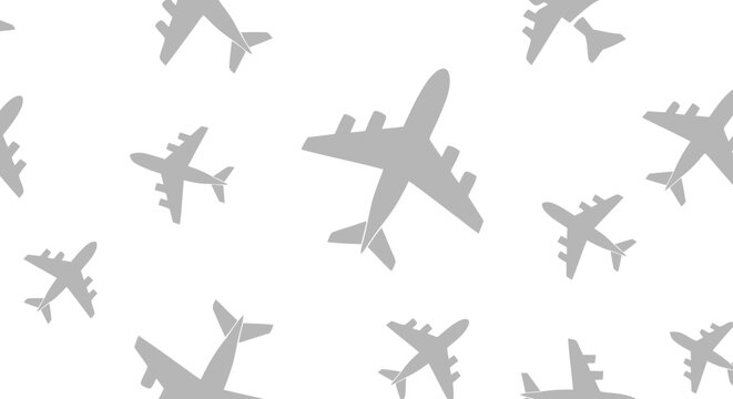 Vector illustration of seamless pattern with gray airplane silhouettes on on a transparent background