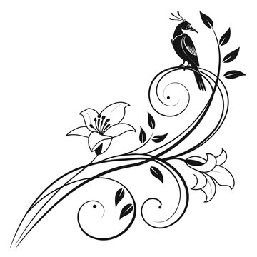 Decorative floral ornament with bird illustration.