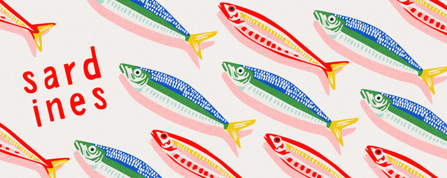 Colorful sardine fish pattern in Mediterranean hand drawn style, playful summer coastal background. Ideal for packaging, textiles, restaurant branding, stationery, wrapping paper, summer-themed decor