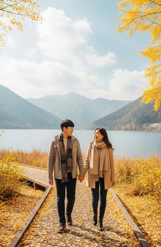 가을 호숫가 길을 손잡고 걷는 커플 &middot; Couple Holding Hands Walking Lakeside Path in Autumn