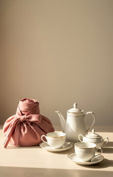분홍 보자기 선물과 하얀 찻주전자와 찻잔 &middot; Pink Bojagi Gift with White Teapot and Teacups