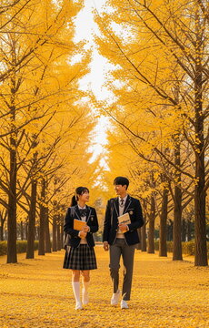 은행나무 길을 걷는 교복 입은 학생 커플 &middot; Student Couple in Uniforms Walking Ginkgo Tree Avenue
