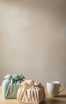 찻잔과 보자기 선물이 놓인 베이지 여백 배경 &middot; Bojagi Gifts and Teacup on Beige Background with Copy Space