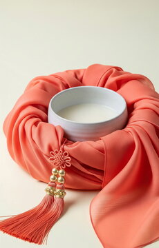 노리개 달린 산호색 보자기와 백자 그릇 &middot; Coral Silk Bojagi with White Bowl and Tassel Ornament