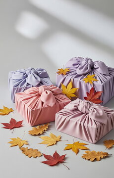 파스텔 보자기 선물과 흩어진 가을 낙엽 &middot; Pastel Bojagi Gifts with Scattered Autumn Leaves