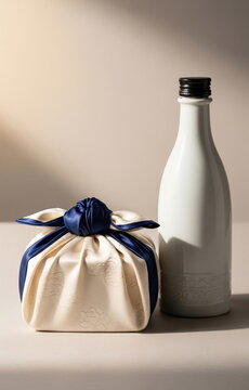 보자기 선물과 하얀 전통주 병 &middot; Bojagi Wrapped Gift with White Traditional Liquor Bottle