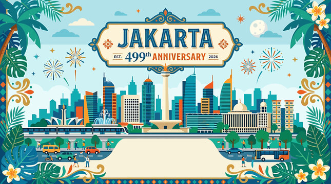 Vibrant illustration celebrating Jakarta's 499th anniversary with a cityscape, fireworks, and tropical foliage.