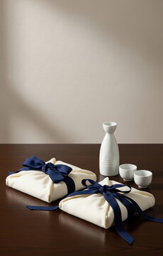 보자기 포장 명절 선물과 백자 술병 &middot; Bojagi Wrapped Holiday Gifts with White Porcelain Liquor Bottle