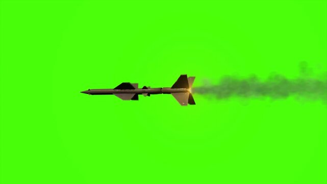 Air to Air Missile Launch on Green Screen Background, Military Rocket Flight with Smoke Trail, Chroma Key Defense Technology Animation in 4K video