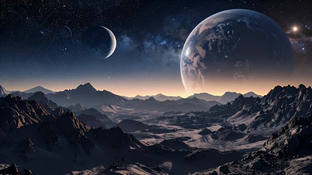 Extraterrestrial Voxel Landscape with Rocky Mountains and Two Celestial Bodies Against Starry Sky in a 3D Render for an Adobe Stock Photo