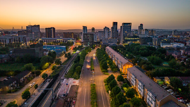 Aerial view of Cardiff city centre skyline at dusk with the Butetown neighbourhood in the foreground.