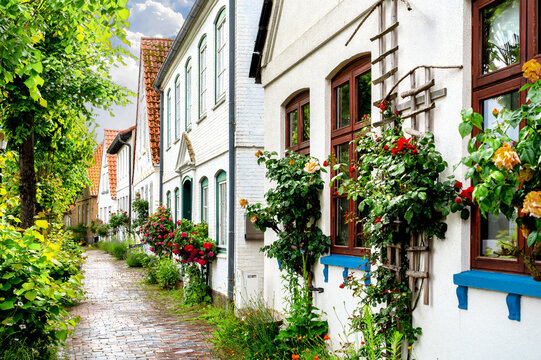 Narrow historic lane in Arnis with roses, flowers, brick pavement and traditional homes in the smallest town of Germany.