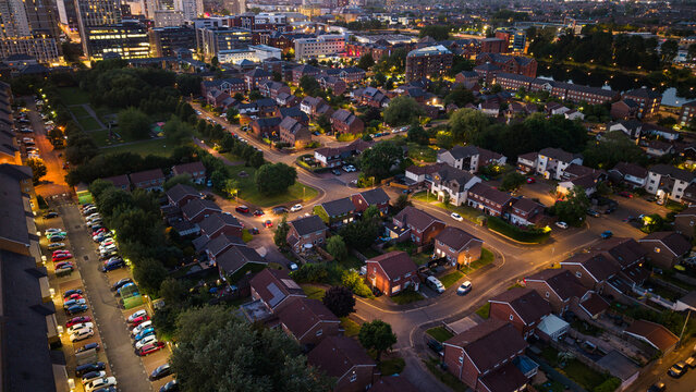 Aerial night view of the Atlantic Wharf residential neighbourhood in Cardiff, Wales.