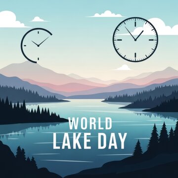 World Lake Day Clock Icon with Sunrise Mountains and Lake Landscape, Minimalist Design Style for Concept Posters, Social Media Banners, and Seasonal