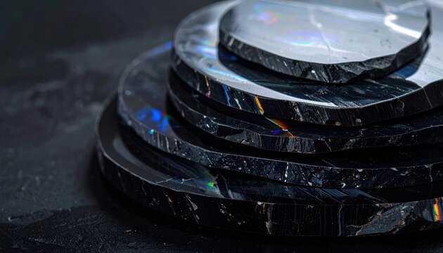 Stacked black circular discs with iridescent highlights, a study in dark, reflective textures