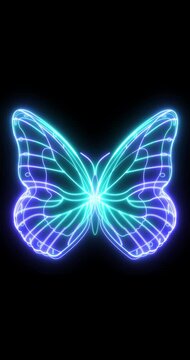 Vertical Neon Butterfly with Glowing Blue Wings on Dark Background &ndash; Futuristic Light Illustration 4k.