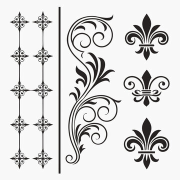 Decorative ironwork scrolls and fleur de lis set.