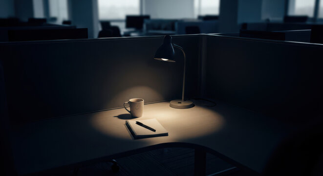 A solitary desk lamp illuminating a workspace