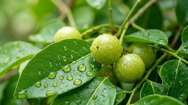 Fresh green guava fruit hanging on a tree branch with water droplets on leaves in a natural garden setting. amla oil