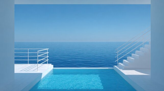 Minimalist white architecture frames a bright blue infinity edge pool overlooking the vast ocean horizon