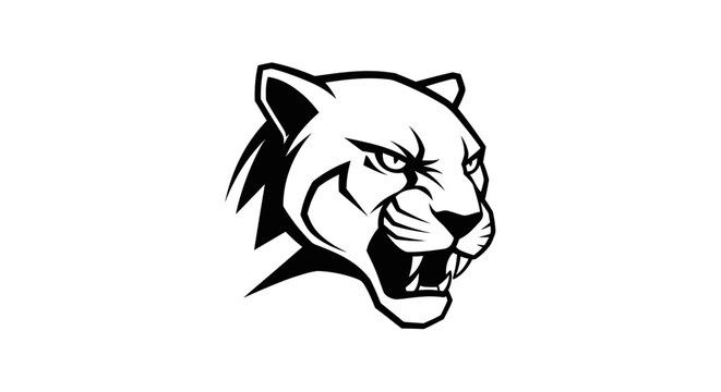 Furious Big Cat Head Illustration. Aggressive Puma, Cougar, Panther, Mountain Lion Roaring Face. Wild Animal Mascot Graphic