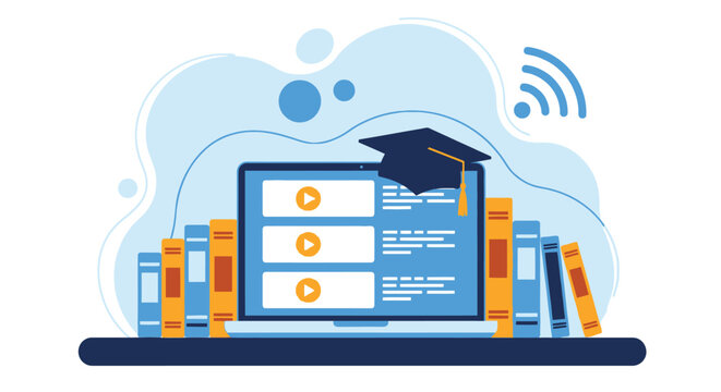 Online education concept laptop with graduation cap books and learning videos remote studies university degree e-learning internet knowledge sharing digital.