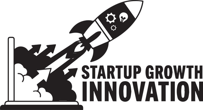 Black silhouette rocket ship launching from laptop with startup growth innovation concept on white background