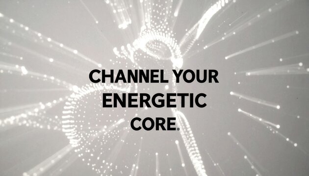Abstract energetic core of glowing particles radiating outwards with motivational text