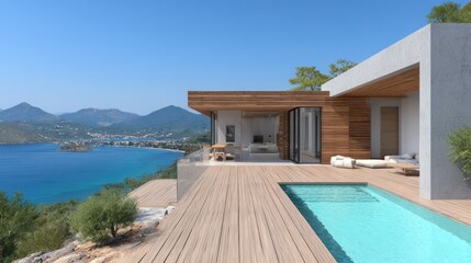 Fototapeta premium Modern luxury residence overlooks coastal scenery from elevated hillside location