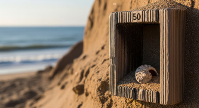 A seashell inside a numbered wooden box on a sandy beach