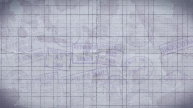 The texture of a retro-style checkered school notebook with traces of blurred ink, postmarks and inscriptions, and a looped animated background.