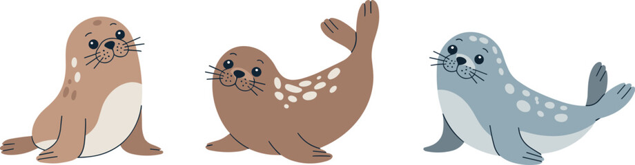 Cute cartoon seal pup vector illustration set featuring three funny spotted seal characters isolated on white background marine wildlife collection © MdIbrahimIslam