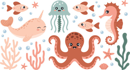 Cute sea animals cartoon vector illustration bundle featuring narwhal octopus seahorse jellyfish and tropical fish swimming with underwater coral reef elements © MdIbrahimIslam