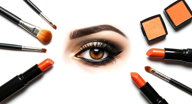 Essential beauty products and a captivating eye with dramatic makeup artistry on a clean white background