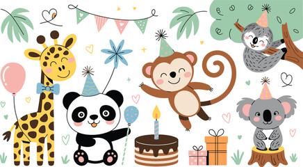 Cute jungle animals birthday party vector illustration bundle with funny cartoon monkey giraffe panda koala and sloth celebrating with cake and balloons © MdIbrahimIslam