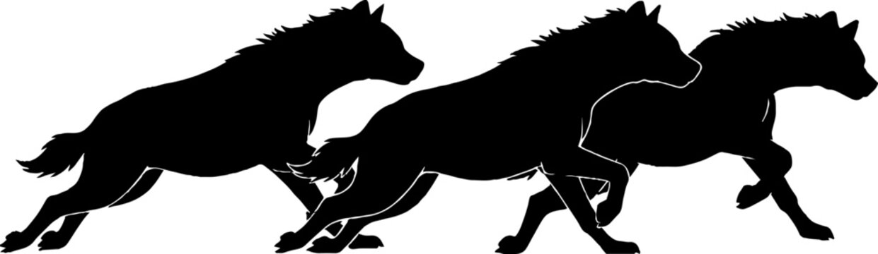 Silhouette of galloping horses in motion.