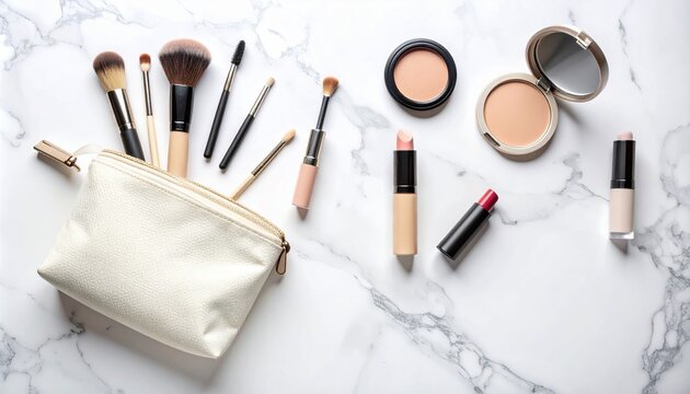 Minimalist beauty flat lay scene featuring an open cream-colored canvas makeup pouch.