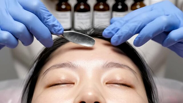 Close-Up Of A Forehead Dermaplaning Session Highlighting Skin Exfoliation By A Professional With Surgical Tool In A Relaxation Spa Environment